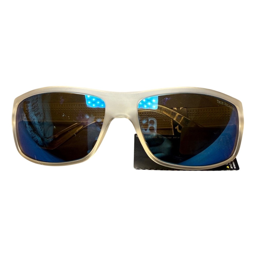 True Religion Shield Sunglasses Clear White Blue Mirrored Wrap Cat 3 NWT